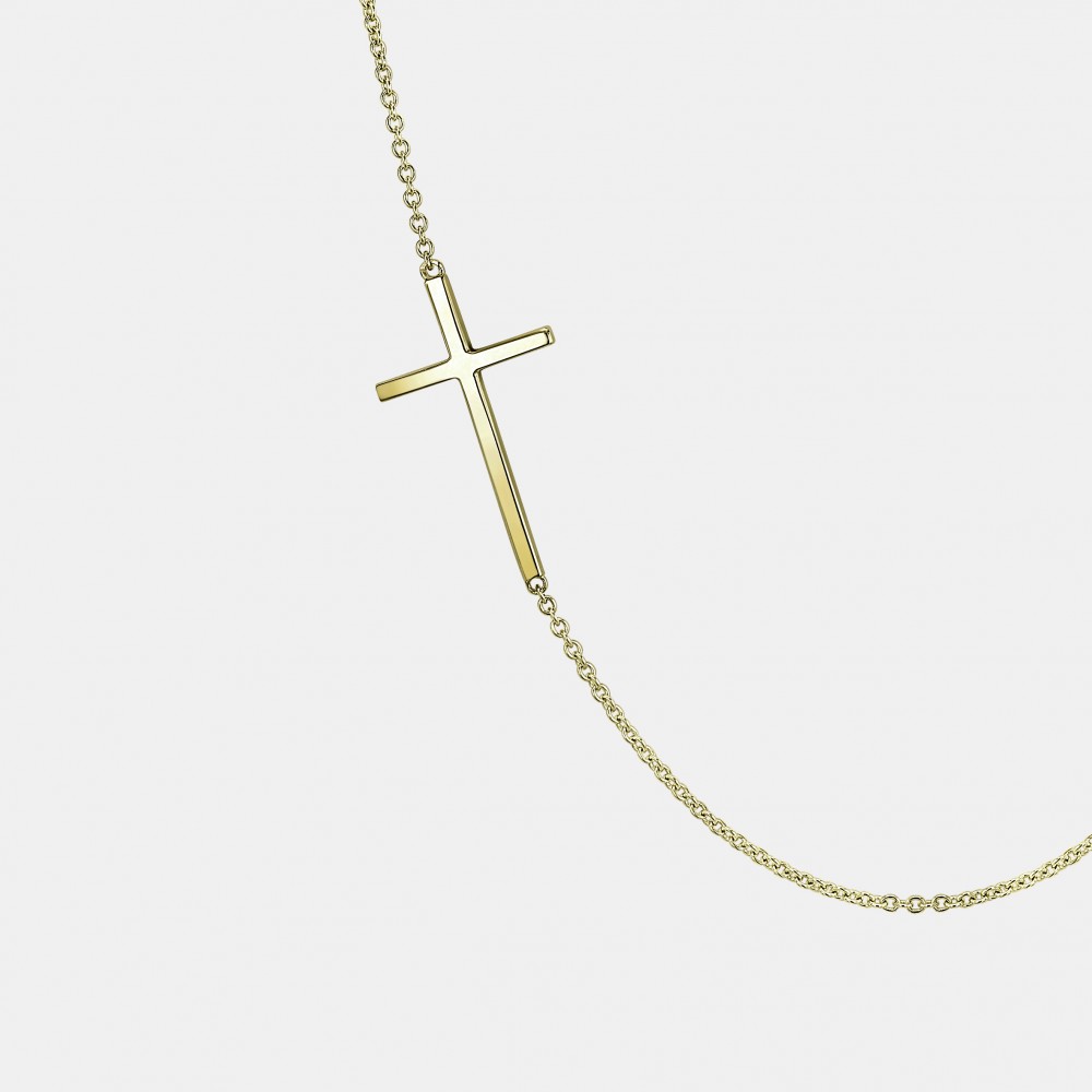 Sideways cross necklace in yellow gold