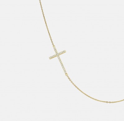 Yellow Gold and Diamond Sideways Cross Necklace