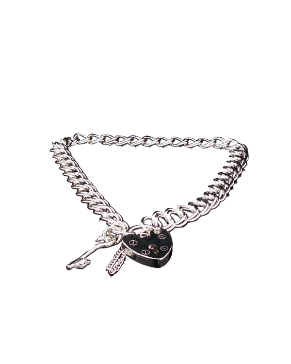 Vintage Sterling Silver Double Curb Link Heart Padlock Charm Bracelet