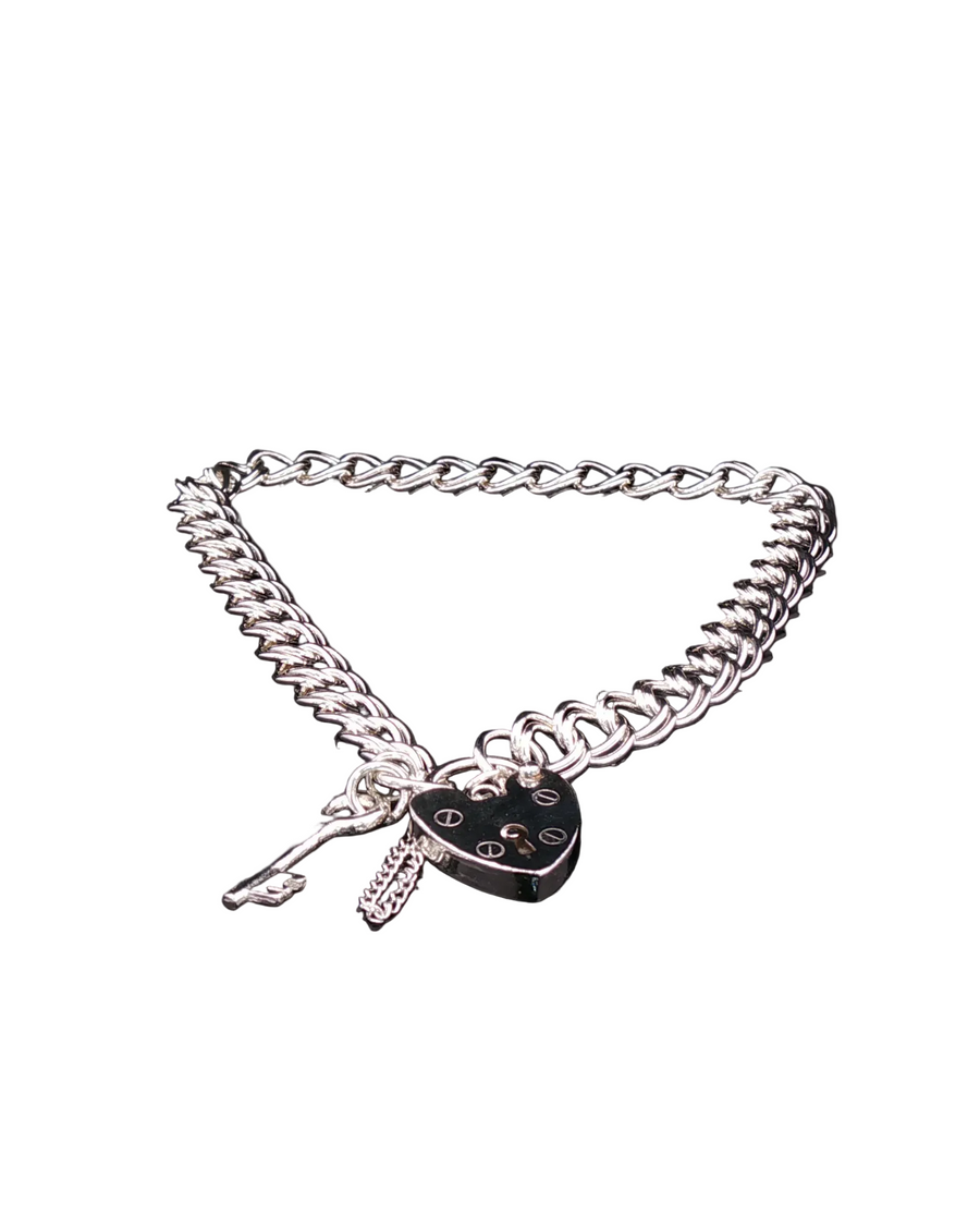 Vintage Sterling Silver Double Curb Link Heart Padlock Charm Bracelet