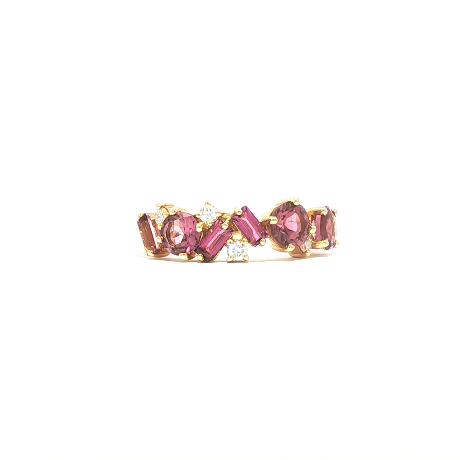 Pink Purple Tourmaline  and Diamond Multi-Shape Cluster Ring in Yellow Gold