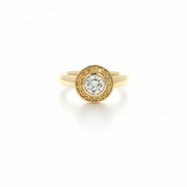 Natural Yellow  & White Diamond Halo Ring in 18ct Yellow Gold