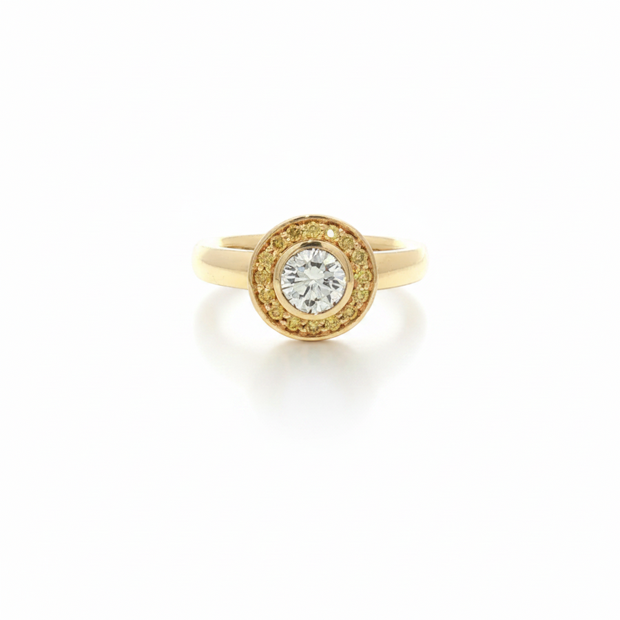 Natural Yellow  & White Diamond Halo Ring in 18ct Yellow Gold