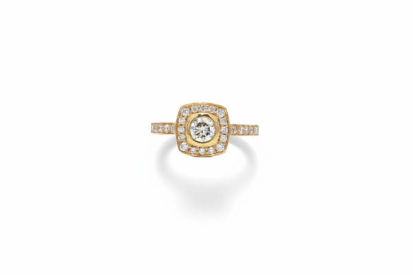 Diamond Halo Ring in 18ct Yellow Gold | Vintage Style Diamond Ring | Robert Bicknell Fine Jewellery