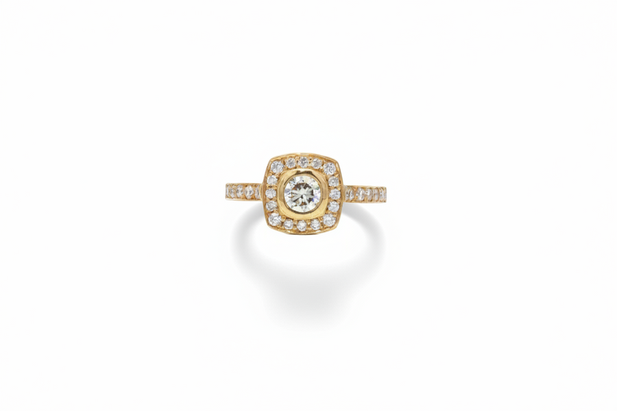 Diamond Halo Ring in 18ct Yellow Gold | Vintage Style Diamond Ring | Robert Bicknell Fine Jewellery