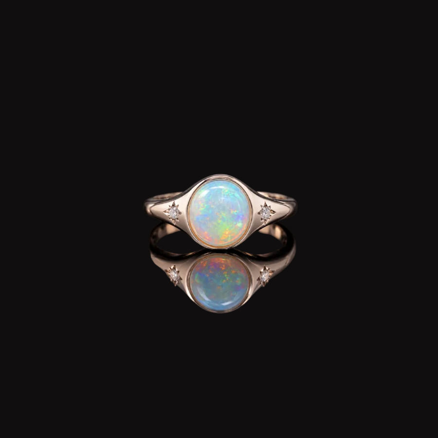 9ct Yellow Gold Opal & Diamond Signet Ring