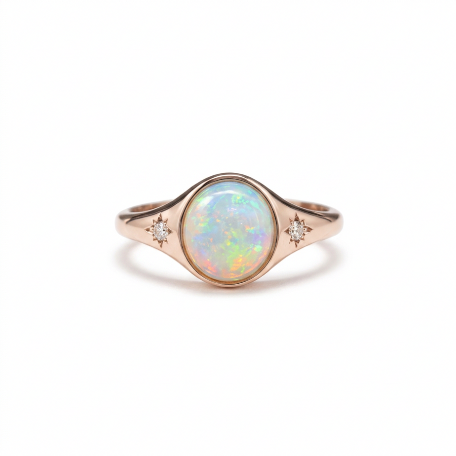 9ct Yellow Gold Opal & Diamond Signet Ring