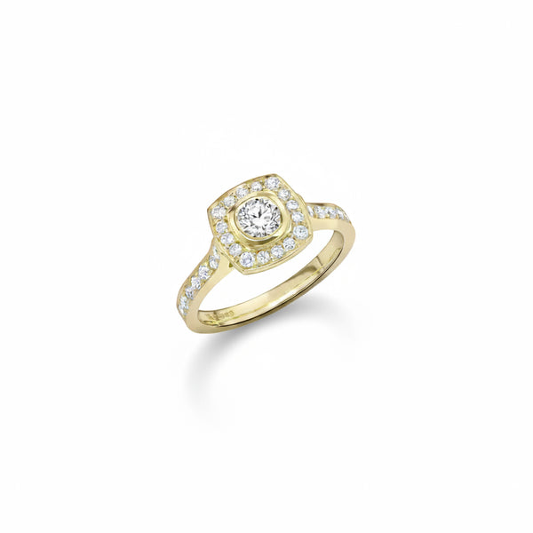 Diamond Halo Ring in 18ct Yellow Gold | Vintage Style Diamond Ring | Robert Bicknell Fine Jewellery