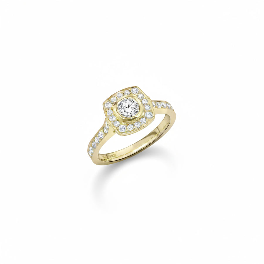 Diamond Halo Ring in 18ct Yellow Gold | Vintage Style Diamond Ring | Robert Bicknell Fine Jewellery