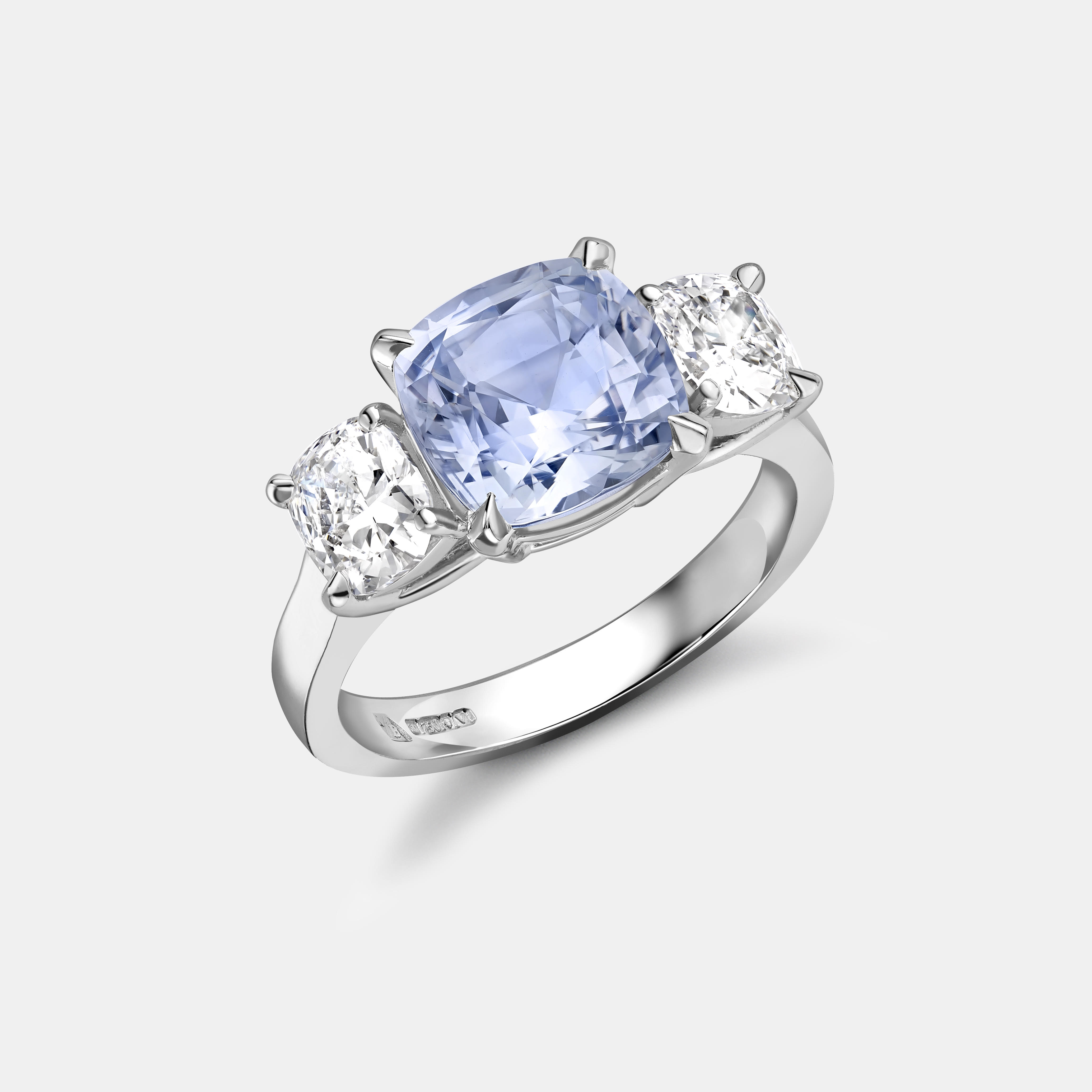 Bespoke Pale Blue Grey Sapphire and Cushion-Cut Diamond Trilogy Ring in Platinum