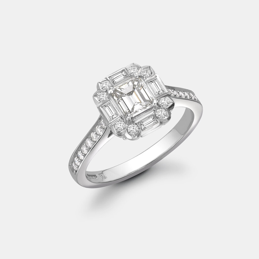 Art Deco Style Platinum Emerald Cut Diamond Ring