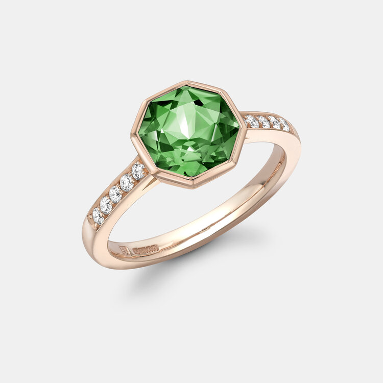 Bespoke Octagon Green Sapphire and Diamond Engagement Ring in 18k Rose Gold