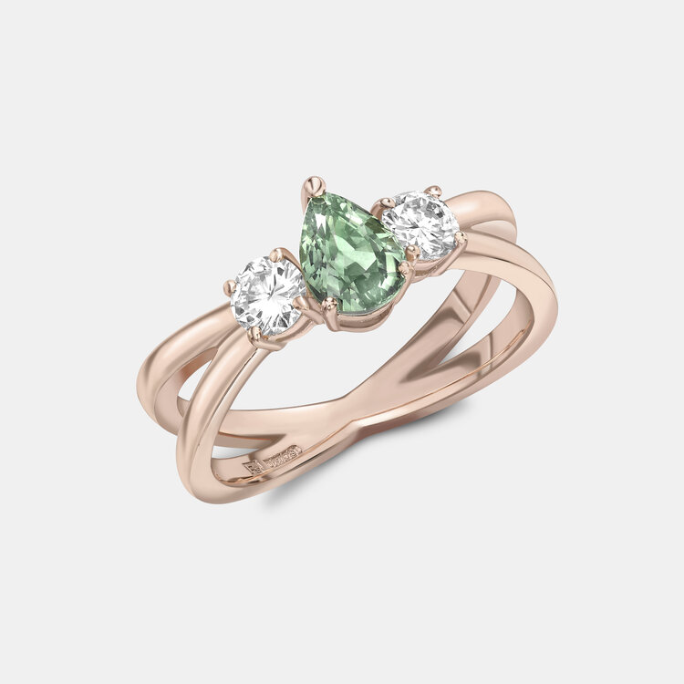 Bespoke Pear-Shaped Green Sapphire and Diamond Ring in Rose Gold 