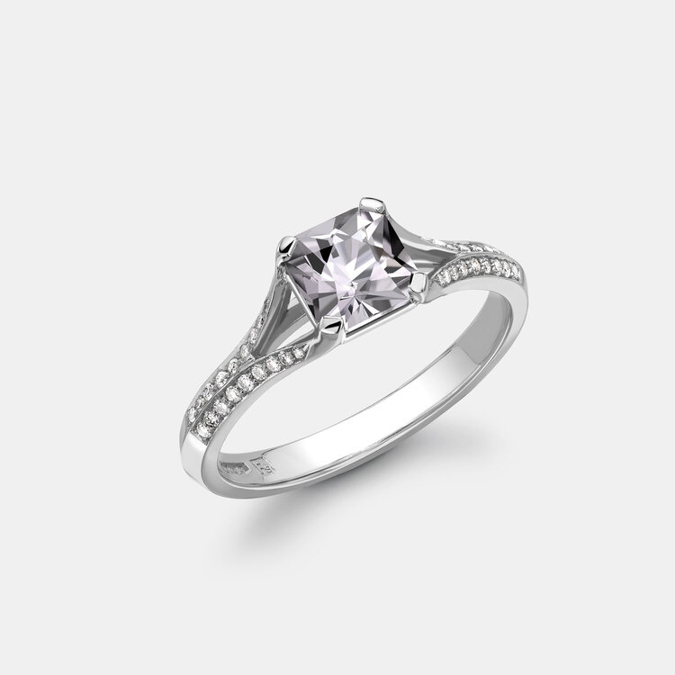 Octagon Cut Grey Spinel Ring with Diamond Shoulders